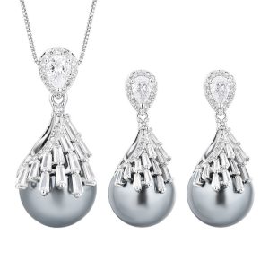 Brass Teardrop CZ Pearl Necklace Earrings Set