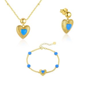 3pcs 925 Silver Blue Turquoise Heart Jewelry Set