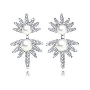 36x21mm White Pearl Flower Stud Earrings