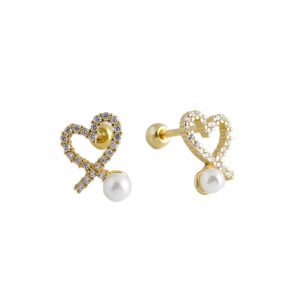 925 Silver White CZ Pearl Heart Stud Earrings