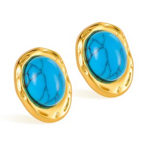 14.7mm Stainless Steel Oval Turquoise Stud Earrings