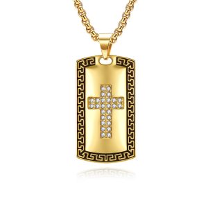 Stainless Steel CZ Cross Shield Pendant Necklace