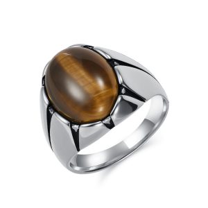 Hiphop Stainless Steel Oval Onyx Tiger Eye Ring