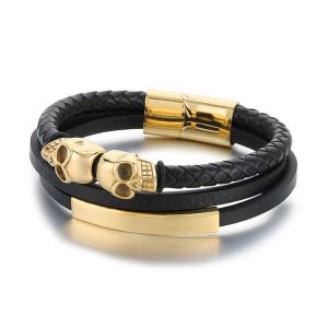 33g Stainless Steel Braided Leather Skulls Bracelet