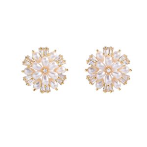 19mm Brass CZ Pearls Flower Stud Earrings