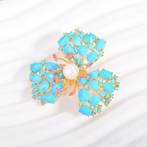 Brass Blue CZ Triple Leaves Flower Brooch