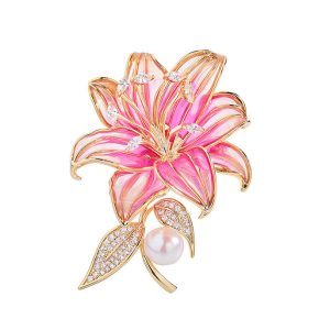 Brass Rose CZ Enamels Flower Brooch