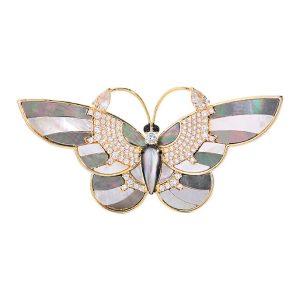 Brass Grey Shells CZ Butterfly Brooch