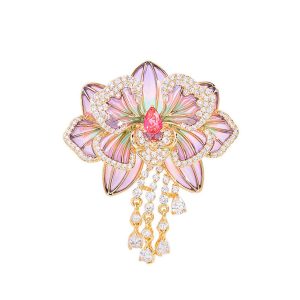 Brass CZ Tassels Enamel Peony Flower Brooch