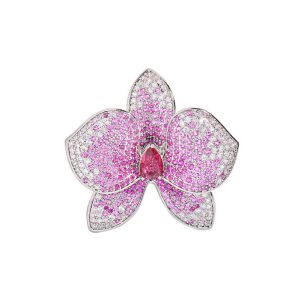 Brass Magnetic Pink CZ Orchid Flower Brooch