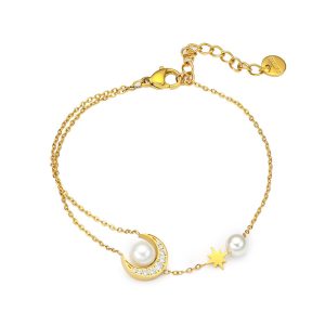 Stainless Steel CZ Pearl Moon Charm Bracelet