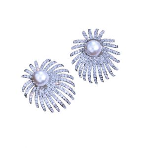 Brass White Diamond Pearls Fireworks Stud Earrings