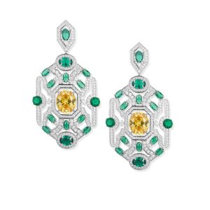 Brass Hollow Diamond Emeralds Hexagon Stud Earrings