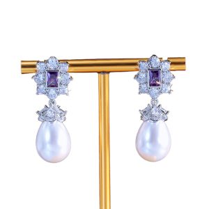Brass Teardrop Pearl Diamond Flower Stud Earrings