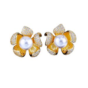 23mm Brass Diamonds Pearl Flower Stud Earrings