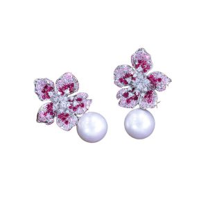 35mm Brass Purple Diamonds Pearl Flower Stud Earrings