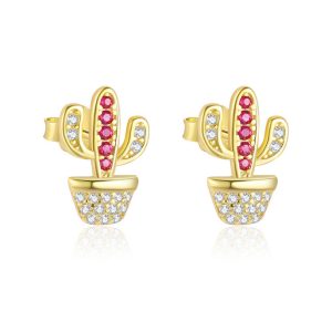 13.7mm 925 Silver Colored Diamond Cactus Stud Earrings