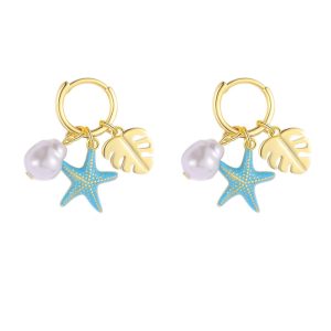 925 Silver CZ Pearl Leaf Stars Hoop Earrings