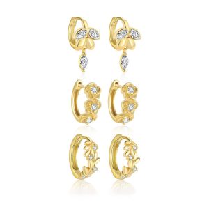 925 Silver CZ Leaf Flowers Hoop Earrings