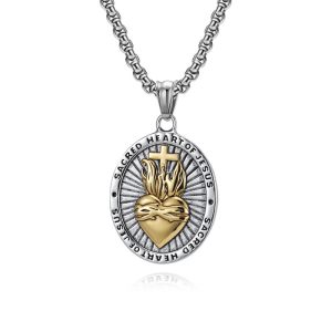 Religious Stainless Steel Sacred Heart Cross Pendant Necklace