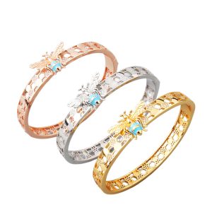 Brass Hollow Enamel Diamonds Hexagon Bee Hinged Bracelet