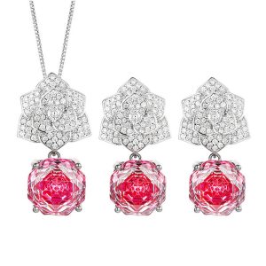 Party Brass Diamond Flowers Necklace Earrings Set