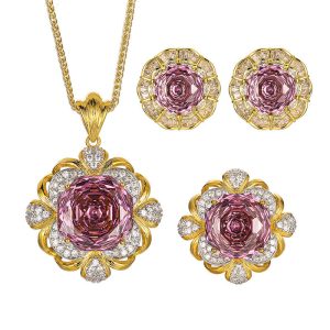 3pcs Party Brass Purple Diamond Flowers Jewelry Set