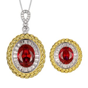 Party Brass Jewelry Green Red Oval Stones Necklace Ring Set