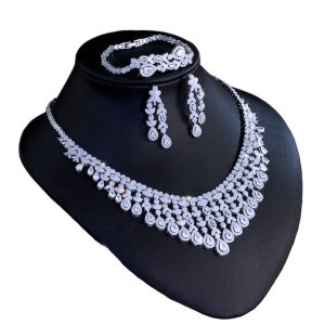 4pcs Brass White CZ Necklace Bracelet Earrings Ring Set