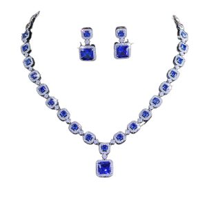 Brass Geometric Blue Stones Necklace Earrings Set