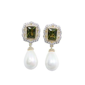 Brass Green Diamonds Pearl Stud Earrings