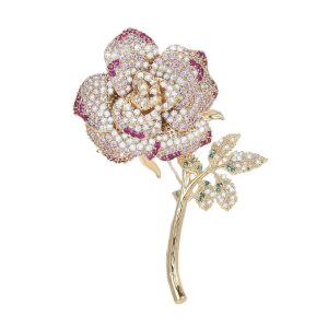 Gold-plated Brass Fashion CZ Leaf Flower Brooch