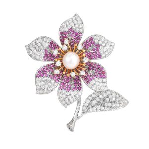 Brass Fashion CZ Pearl Camellia Flower Brooch