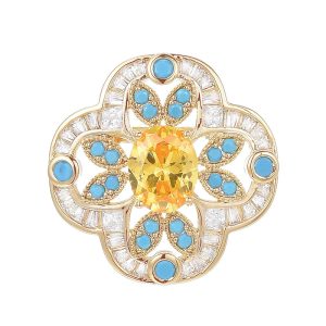 Brass Hollow Blue Gold Colored CZ Flower Brooch