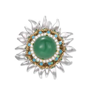 Brass Magnetic CZ Emerald Sunflower Brooch