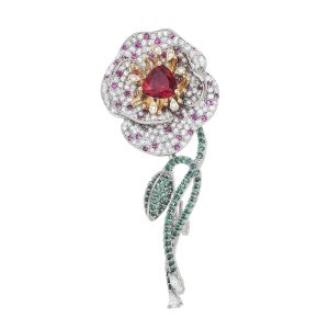 Brass Fashion Green Red CZ Leaf Flower Brooch