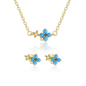 925 Silver Blue CZ Clover Flower Necklace Earrings Set