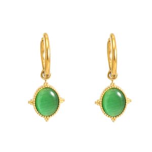 Stainless Steel Oval Green Stone Hoop Earrings