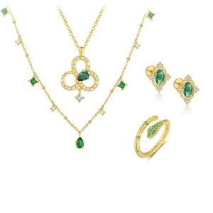 925 Silver 4pcs CZ Emeralds Clover Snake Necklace Set