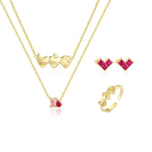 925 Silver 4pcs CZ Hearts Choker Necklace Ring Set