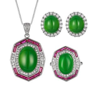 3pcs Party Brass Green Oval Emerald Stone Jewelry Set
