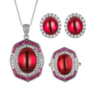 3pcs Party Brass Red Oval Ruby Stone Jewelry Set