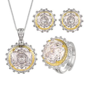3pcs Party Brass White Round Stone Flower Jewelry Set