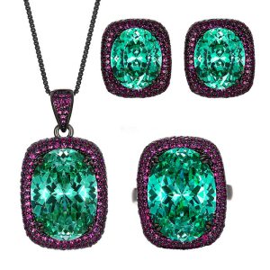3pcs Party Brass Purple Green Oval Stones Jewelry Set