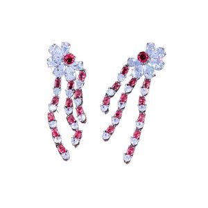Brass White Red CZ Tassels Flower Stud Earrings