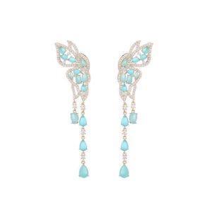 Brass Blue CZ Butterfly Tassels Stud Earrings