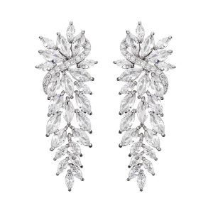 48mm Brass White CZ Leaves Flower Stud Earrings
