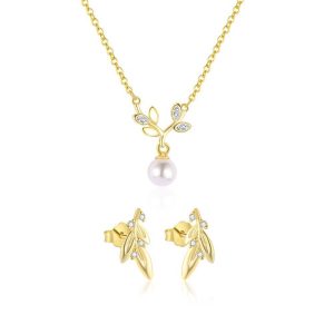 925 Silver CZ Pearl Leaf Pendant Necklace Earrings Set