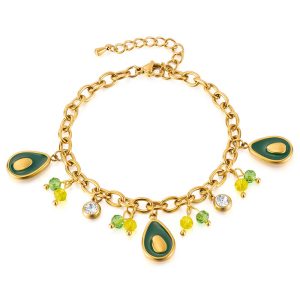 Stainless Steel Green Enamel Teardrop Charms Bracelet