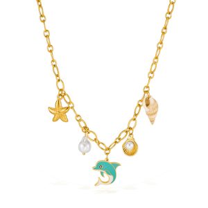 Stainless Steel Pearl Dolphin Starfish Charms Necklace